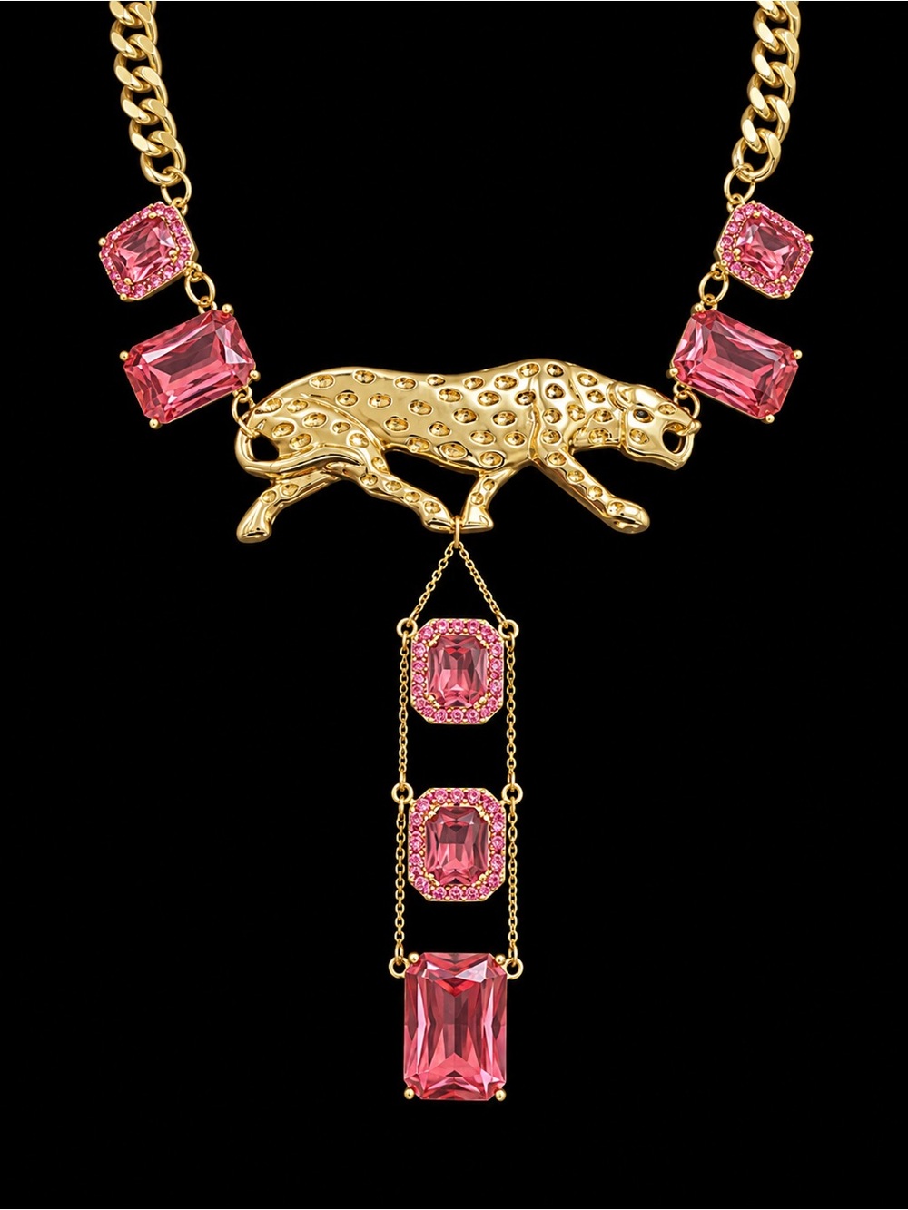 Gold Leopard Pendant Necklace with Pink Gemstones